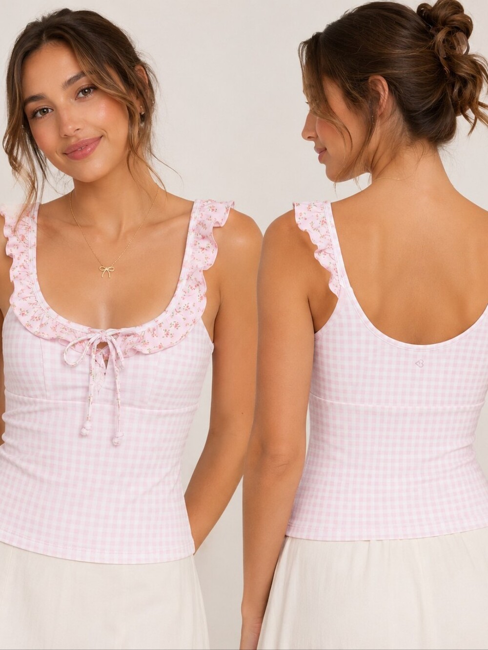 Blogilates Ruffle Lace Up Tank Pink Gingham Floral Coquette Size M NWT Cottageco